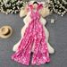 Women's Clothing Travel Vacation Outfit Jumpsuit Women's Summer Elastic Pleated Waist Floral Suspenders Wide Leg Long Pants_ecoleips.com