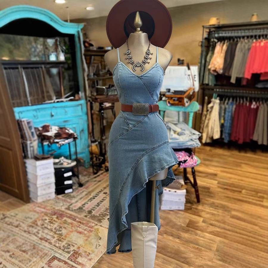 Women's Clothing Suspender Denim Dress Single Side Oblique Skirt_ecoleips.com