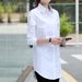 Women's Clothing Medium Length Long Sleeved Korean Version Loose Versatile Student Base Bf Shirt Large Size Navy Blue Wine Red_ecoleips.com