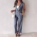 Women's Striped Wide Shoulder Sleeveless Lapel Commuter Jacket And Straight Leg Pants 2 Piece Set European American Style_ecoleips.com