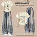 Women's Fashion 2-Piece Set, Graphic Print Crop Top With Denim Jeans, Cute Casual Outfit Comfort Meets Day-Long Wear_ecoleips.com