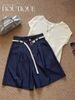 Tencel Denim Shorts For Women, High Waist A-Line Wide Leg Mid-Length Shorts, Casual Straight Cut Trousers With Free Belt_ecoleips.com
