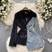 Light European American Style High-end Women's Blazer With Irregular Denim Patchwork Design, Exuding A_ecoleips.com