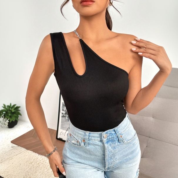 Voya Women's Sexy Hollowed Out Slanted Neck T-shirt Sleeveless Off Shoulder Slim Fit Top_ecoleips.com