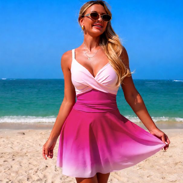 Women's One Piece Swimsuit European American Style Sexy Skirt Design Gradient Color Bikini Swimming Beachwear_ecoleips.com