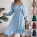 2026 Spring/Summer European And American Casual Solid Color Square Neck Long Sleeve Waist-Cinching Ruffle A-Line Dress_ecoleips.com