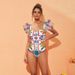 Women's Clothing Floral Print Ruffle One-Piece Swimsuit With Wrap Skirt/Pants - Enamel Pattern, Comfortable & Stylish Beachwear For Vacation_ecoleips.com