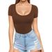 Women's Clothing Sexy Low Round Neck Short Sleeve Slim Fit T Shirt Waist Top T Shirt_ecoleips.com