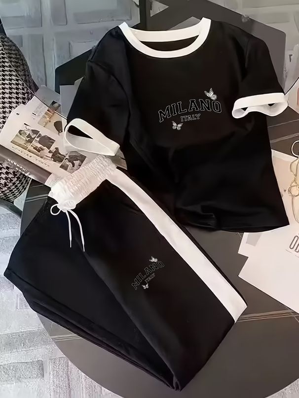 Summer 2026 Women's Short Sleeve Casual Sports T-Shirt And Pants Two Piece Set Fashion Print Design Spring/Autumn Collection_ecoleips.com