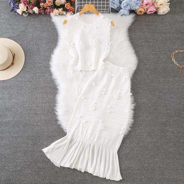 Women's Clothing Round Neck Sleeveless Knitted Vest Skirt Women's Ruffled Skirt Suit_ecoleips.com