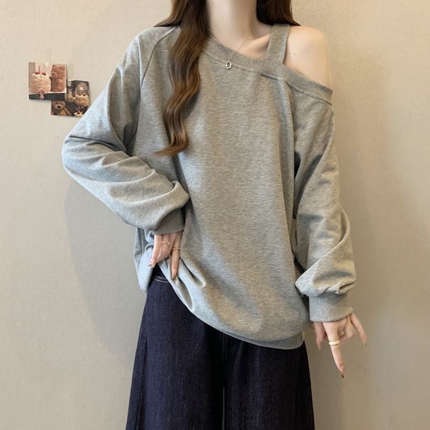 Real Shot Off-Shoulder Asymmetrical Neck Cotton Sweatshirt For Women, Autumn And Winter Fleece-Lined_ecoleips.com