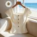 Women's Square Neck Short Sleeve Shirt - Elegant Office Blouse With Button Detail For Summer_ecoleips.com