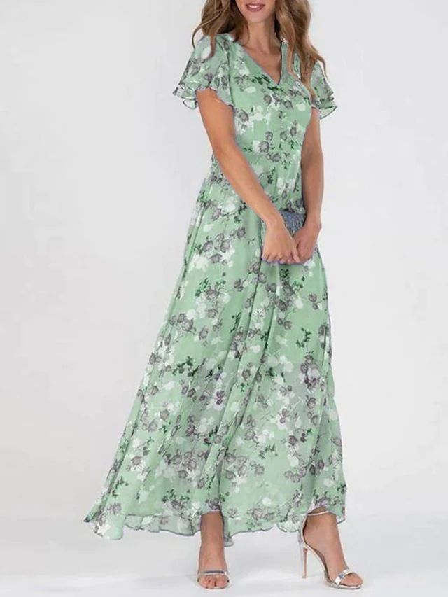 European And American Style Beach Maxi Dress for Women Chiffon Floral Print Short Sleeves Ruffled V Neck Waist Cinching Design_ecoleips.com