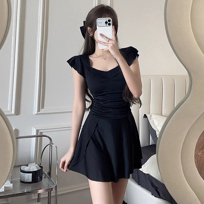 Sweet Floral Print Ruffle Sleeve One Piece Swimsuit Dress With Flared Skirt Modest Swimwear For Beach Pool Vacation_ecoleips.com