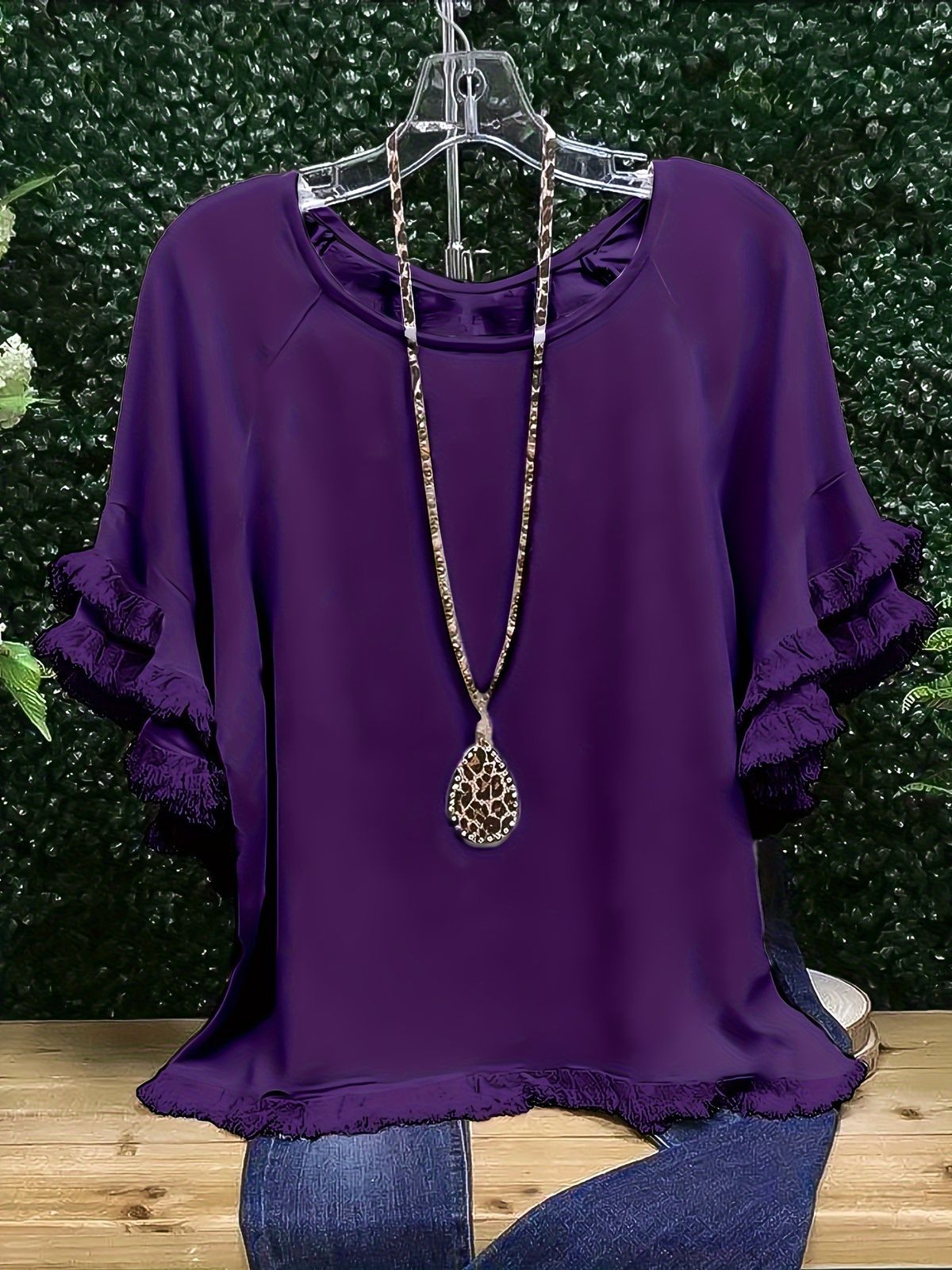 Plus-size Tassel Ruffle Sleeve Round-neck Printed Color-block Women's Loose T-shirt_ecoleips.com