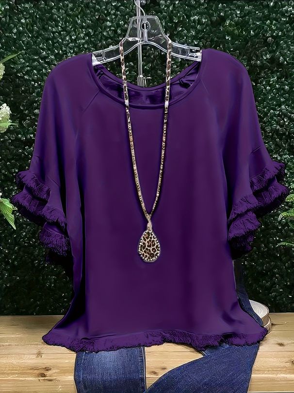 Plus-size Tassel Ruffle Sleeve Round-neck Printed Color-block Women's Loose T-shirt_ecoleips.com