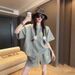 Women's Summer Sportswear Set Cute Playful Gray Short Sleeve T-Shirt And Shorts Two Piece Casual Chic Outfit_ecoleips.com