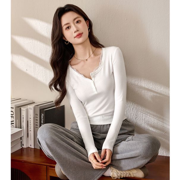2025 #High Quality Products # Lace Lace Button T-Shirt For Women, Long Sleeved, 2025 Autumn New Style, Pure Desire Shoulder_ecoleips.com