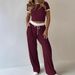 Women's Breathable Cotton Short Sleeve Top Wide-Leg Pants Set Casual Loungewear Workout Office Outfit_ecoleips.com