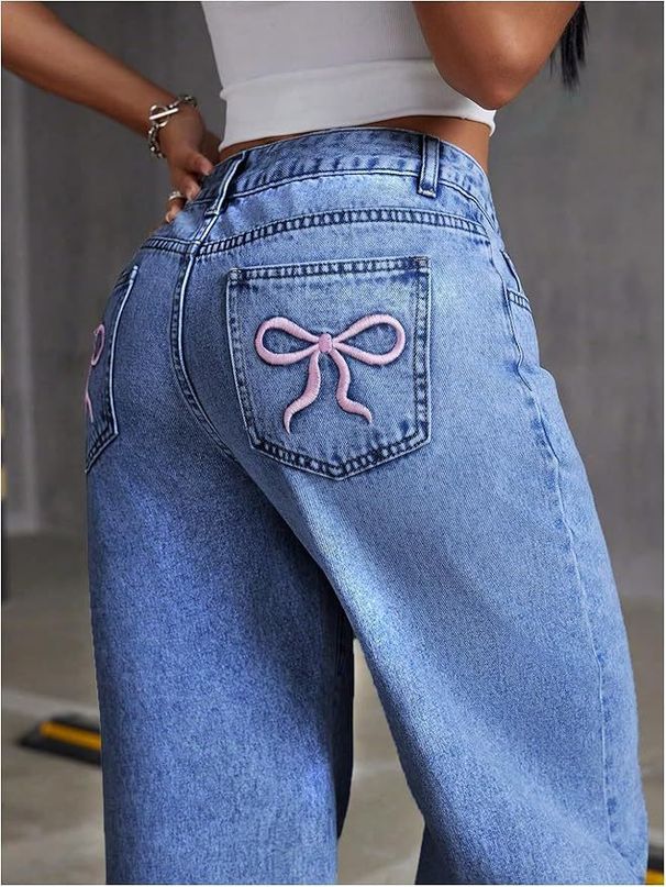 Bowknot Embroidered Jeans For Women Y2K Straight Loose Long Pants High Waist Slimming_ecoleips.com