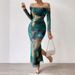 Women's Clothing Printing Pleated Sexy Tight Fitting Slit Square Neck One Line Dress_ecoleips.com