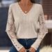 Women's V-Neck Loose Fit Long Sleeve Knit Sweater With Lace Trim, Comfortable Casual Pullover Top For Autumn_ecoleips.com