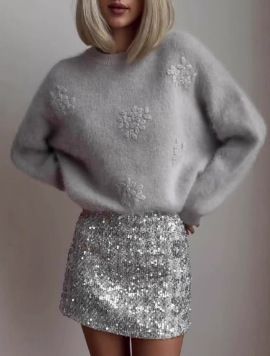 Women's Clothing Cozy Loose Knit Sweater With Lace Crochet Detail, Long Sleeve Pullover Top For Women - White/Grey (S/M/L)_ecoleips.com