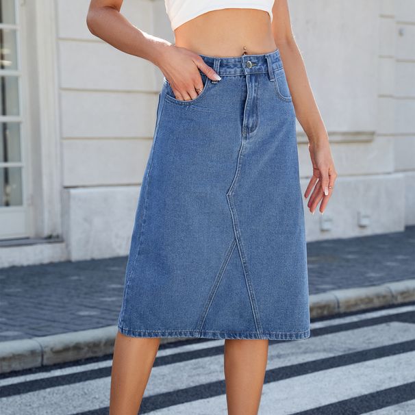 Verve Summer New Slimming Washed Denim Midi Half Skirt_ecoleips.com