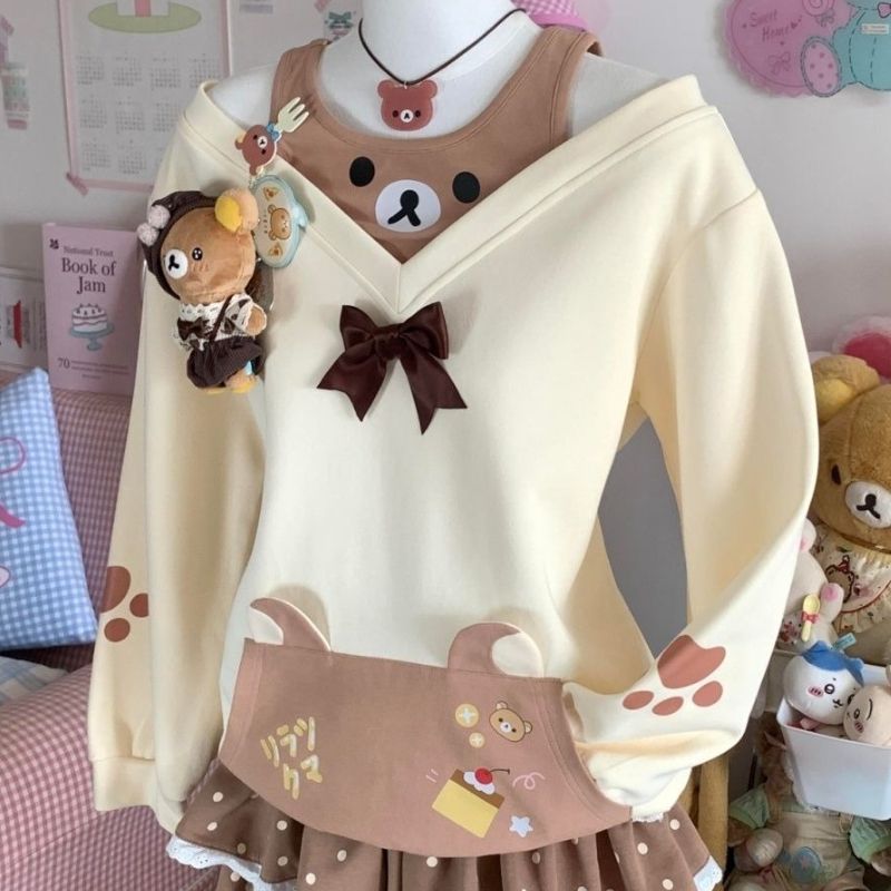 Japanese Cartoon Printing T-Shirts Y2k Aesthetic Bear Pattern Bow Kawaii Cute Tees Preppy Style Grunge Off Shoulder Casual Tops_ecoleips.com
