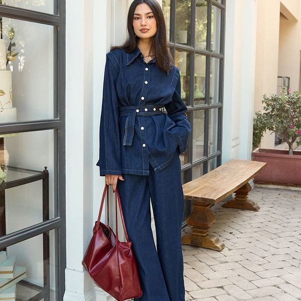 Women's Washed Denim Suit Set - Single Breasted Lapel Jacket & High Waisted Trousers, Loose Fit Casual Outfit_ecoleips.com