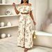 Chappesley Vintage Print Two Piece Set for Women off Shoulder Puff Sleeve Crop Top High Waisted Wide Leg Pants Drawstring_ecoleips.com