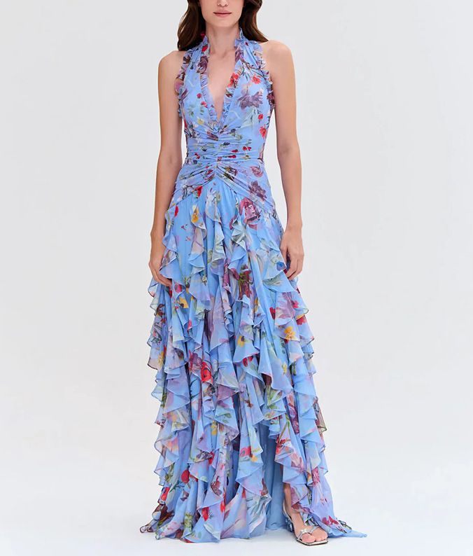 French Style Women Sweet Print Long Tiered Cake Dress Lace Up Multi Layer Maxi Dress Evening Party Gown_ecoleips.com