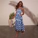 New European And American Women's Fashion 2025 Summer Dress, Printed, Sexy Square Neck, Waist-Cinching, Ruched,_ecoleips.com