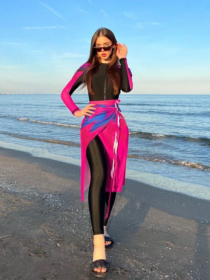 Women's Clothing 4 Piece Muslim Beach Swimsuit Puff Sleeves All Inclusive Conservative Swimsuit_ecoleips.com