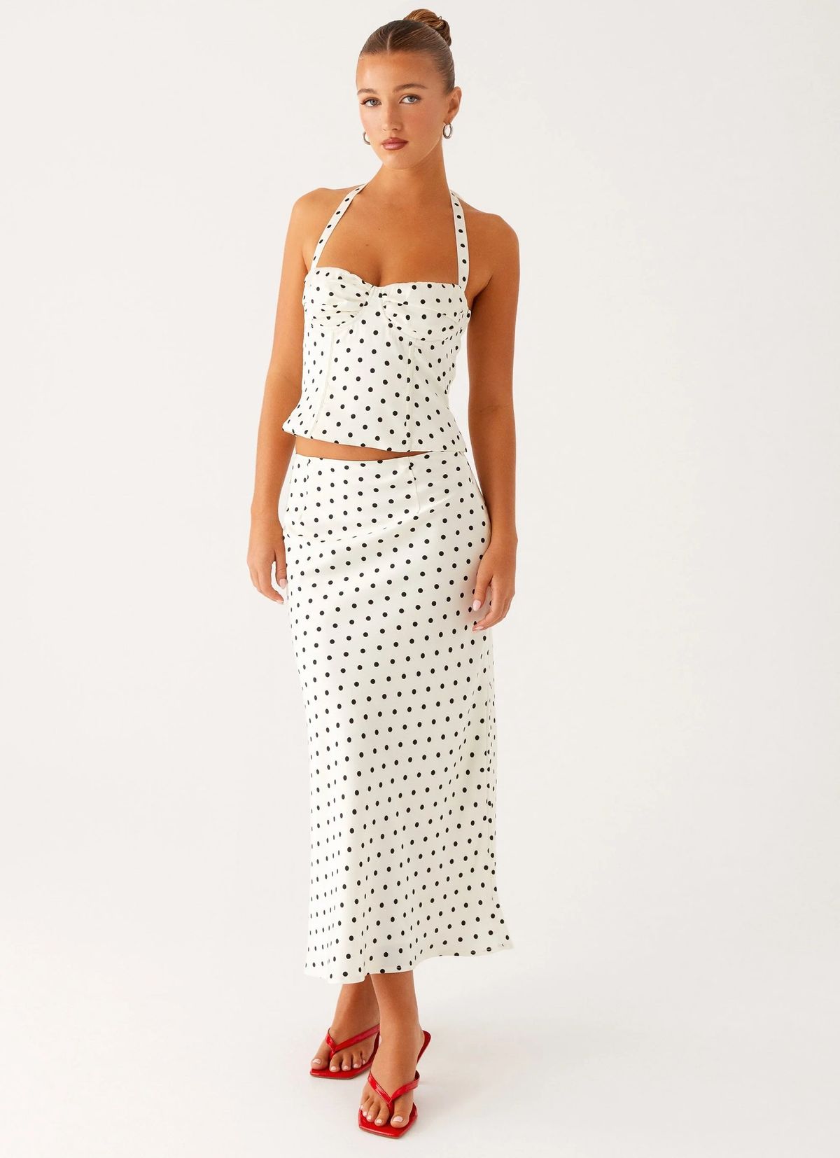 Summer Polka Dot Fashion High Waist Long Dress Two Piece Set For Women Sexy Backless V Neck Halter Neck Design_ecoleips.com