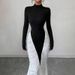 Blifanbo Patchwork Elegant Contrast Color Maxi Dress Women Fashion Ruched Bodycon Long Sleeve Turtleneck Club Party Long Dress_ecoleips.com