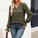 Ice-White Ruffled Solid V-Neck Bubble-Flared Long-Sleeve T-Shirt, Women's Size 3/4_ecoleips.com