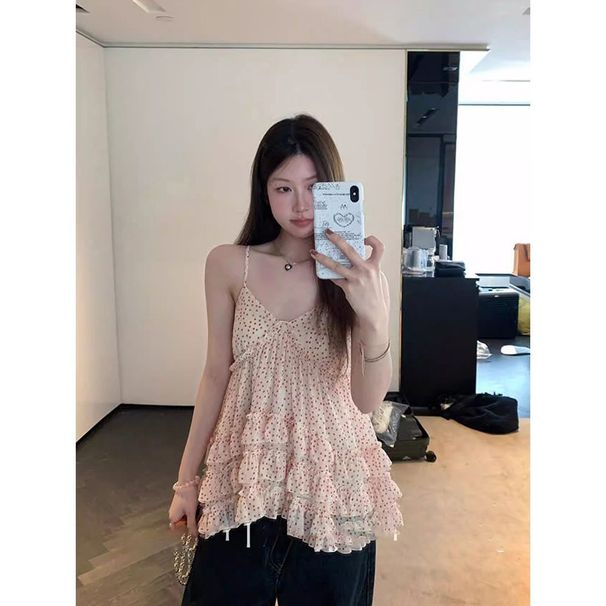 Purely Desirable Hot Girl French-style Polka Dot Ruffle Camisole Women, New Summer Model, Loose-fitting, Slimming,_ecoleips.com