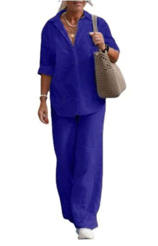 Women's clothing women's two-piece set women's lapel long-sleeved shirt spring and autumn casual solid color pants wide leg suit_ecoleips.com