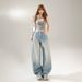Blue Curved Wide-leg Jeans For Women, 2025 Autumn New Style, American Vintage, Loose High-waisted, Slimming Scythe Pants_ecoleips.com