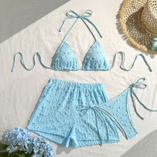 New 2026 Women's Sexy Three Piece Bikini Set American Style Fashionable Solid Color Halter Neck Tie Swimsuit_ecoleips.com