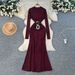 Women's European American Style Long Sleeved Rhinestone Dress Heavy Duty Metal Buckle Waist Cinching Slimming Elegant Autumn Winter Gift_ecoleips.com