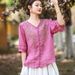 A Retro-Style Cotton-Linen Short-Sleeved Top With A V-Neck Design, Perfect For Summer And Versatile In Any Outfit. It Fe_ecoleips.com