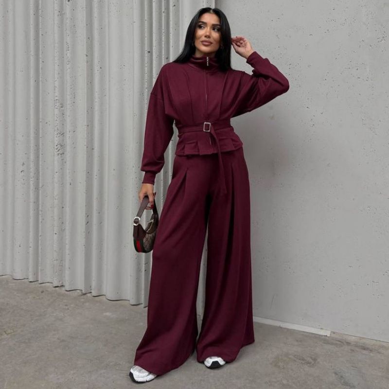 Elegant Autumn Women's Suit Set With Stand Collar, Zippered Cardigan & Wide-Leg Pants - Stylish Office Wear For European & American Fashion (XS-XXXL)_ecoleips.com