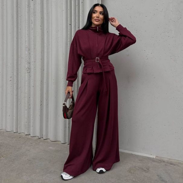 Elegant Autumn Women's Suit Set With Stand Collar, Zippered Cardigan & Wide-Leg Pants - Stylish Office Wear For European & American Fashion (XS-XXXL)_ecoleips.com