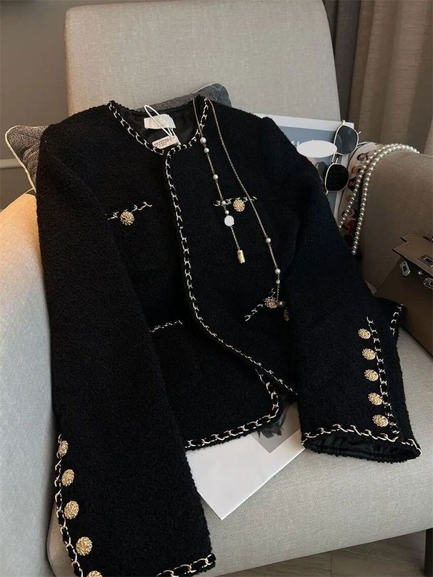 Women's Clothing light luxury small tweed black short jacket all-match royal sister style baseball jacket spring_ecoleips.com