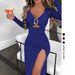 Elegant V-Neck Ruffle Split Hem Dress – Women’s Stretch Knit Maxi Dress (Breathable Polyester, Black/Burgundy/Navy, S-XXL)_ecoleips.com