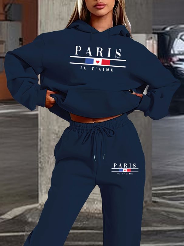 Women's Autumn And Winter Fashionable Casual Paris Pattern Printed Thick And Plush Warm Hooded Sweatshirt+sports Pants Set-775_ecoleips.com