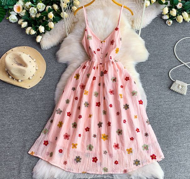 Women's Floral Embroidered Dress Gentle Sweet Summer Beach Vacation Style V Neck Waist Cinching Slimming A-Line Slip Dress_ecoleips.com