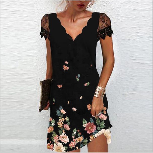 Summer Women's Printed Lace Dress V Neck Short Sleeve Casual Independent Station Positioning New 2022 Cross Border_ecoleips.com